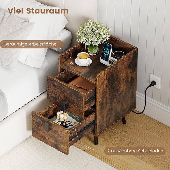 Нічний столик COSTWAY з зарядкою, вузький, 2 шухляди, металеві ніжки, для спальні/вітальні, 40 x 32 x 60 см, рустикальний коричневий