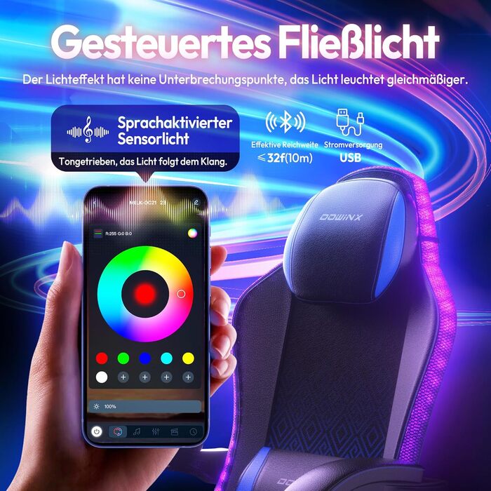 Ігровий крісло Dowinx з RGB підсвічуванням, LED, з підніжкою, для дорослих, ергономічний, з масажем попереку, PU шкіра, білий (блакитний)