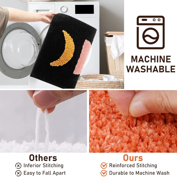 Набір для ванної кімнати Boho від Pauwer, 3 шт: килимок з мікрофібри, коврик для душу та унітазу, богемний дизайн (Чорний, 18'x26'+18'x48'+U Shape 20'x24')