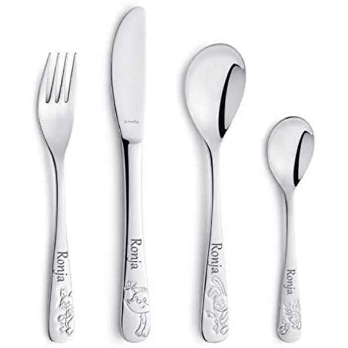 Набір дитячого посуду Kinderbesteck з гравіюванням 'Друзі лісу', 4 шт. з іменем, з нержавіючої сталі