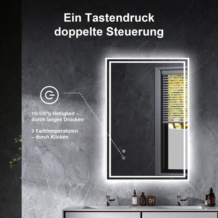 Дзеркало для ванної кімнати Youyijia з підсвічуванням, 70x50 см, антизапітніюче, сенсорне керування, 3 кольори світла, регулювання яскравості, 3500K-6500K