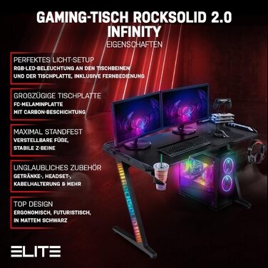 Ігровий стіл ELITE Rocksolid 2.0 Світлодіодне освітлення, кріплення для гарнітури, кабельний канал, підстаканник (чорний)