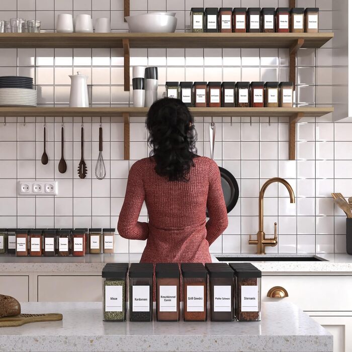 Набір баночок для спецій кутовий 12 шт. 120 мл з кришкою, чорний, з дозатором та 120 етикетками