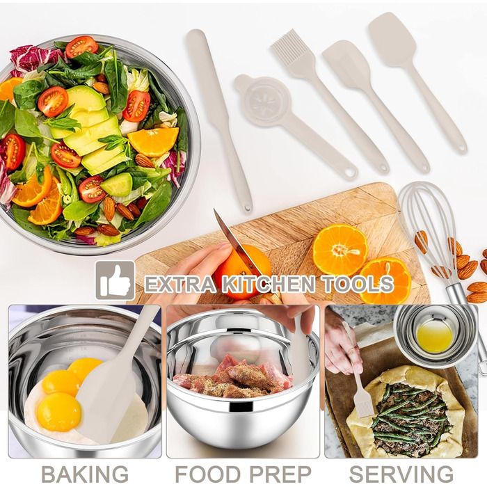 Набір міксерів E-far з кришками, 21 предмет: нержавіюча сталь, 3 насадки-тертки, розміри 7, 4.6, 3.5, 2.6, 2, 1.5, 1QT, вкладна конструкція, повітріодкі кришки хакі, для випічки/приготування