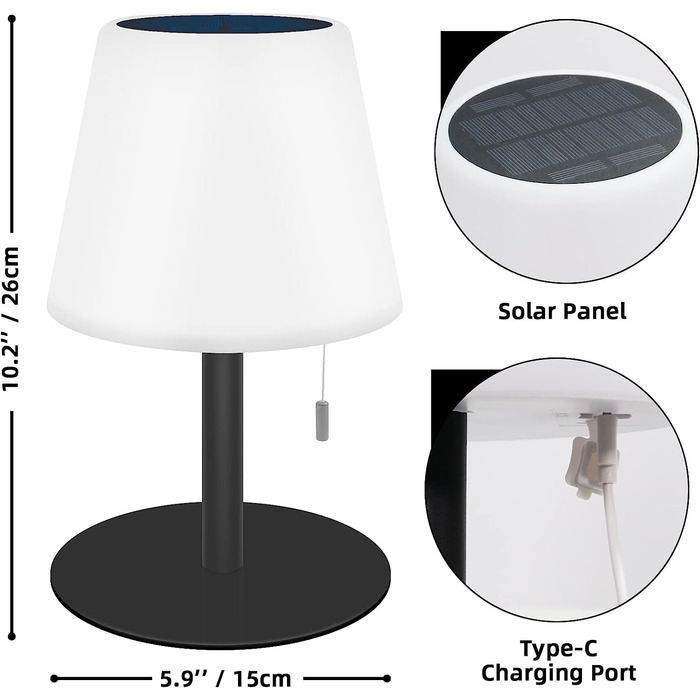 Настільна лампа FUYO на сонячній батареї, бездротова світлодіодна настільна лампа 2 в 1 з регульованою яскравістю, кольори RGB, USB і сонячна акумуляторна Водонепроникна настільна лампа IP44 для зовнішньої тераси, саду, спальні (чорний)