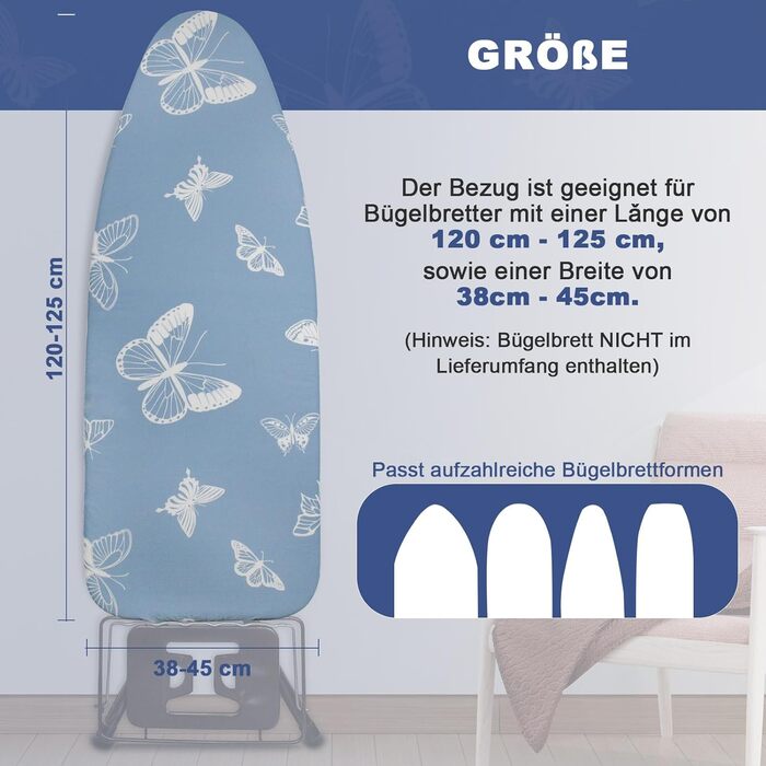 Чохол для прасувальної дошки з товстим шаром, 120x40/125x45 см, еластична стрічка, липучки, сумісний з прасувальними столами, для парогенераторів