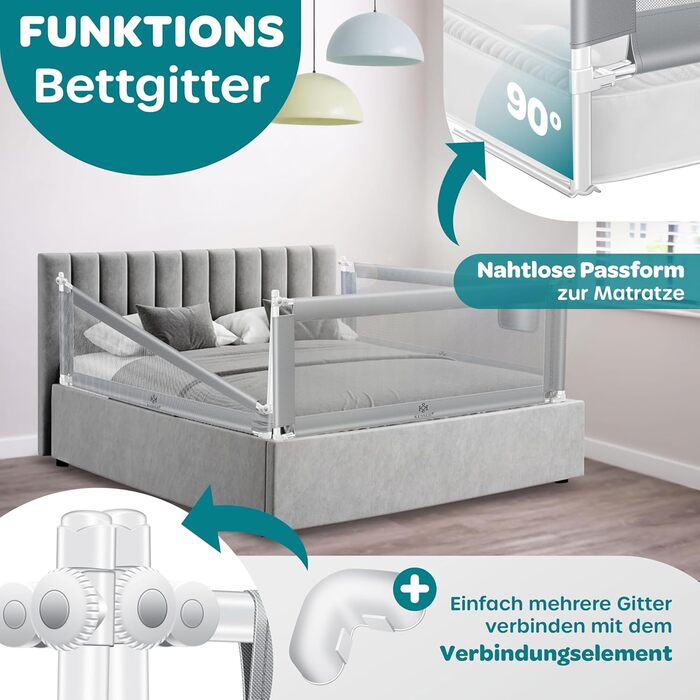 Захисний бортик для ліжка KESSER 200 см, сірий. Бортик для дитячого ліжка, захист від випадання, складаний та регульований по висоті, сітка Mesh, з кишенею