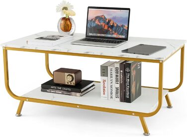 Журнальний столик COSTWAY з ефектом мармуру, стіл для вітальні з нижньою полицею, журнальний столик з металевим каркасом, журнальний столик для вітальні, офісу, 105 x 55 x 46,5 см (білий)