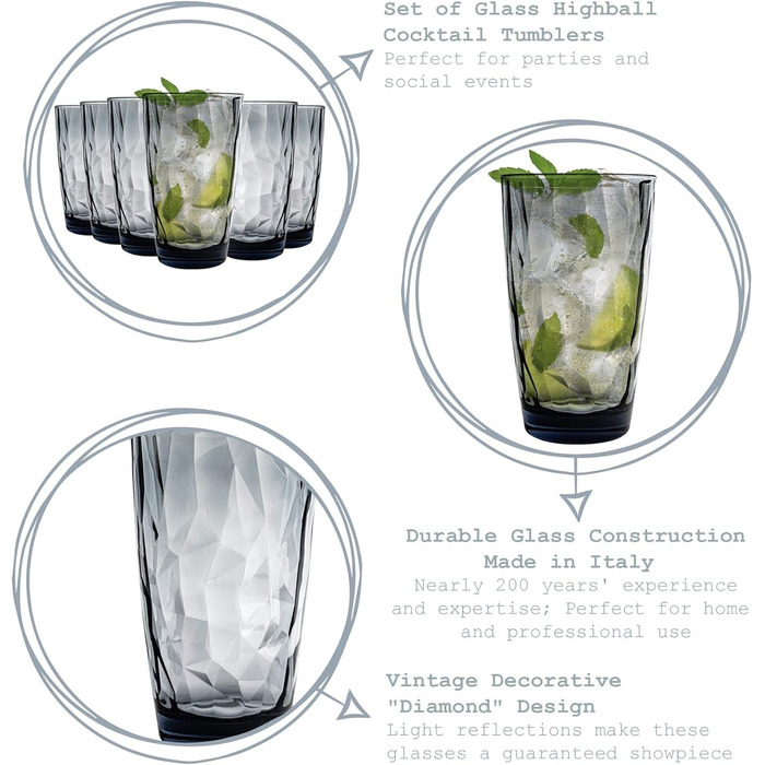 Бокали для лонгдрінку Bormioli Rocco Diamond Ocean Blue 470 мл, 6 шт. блакитні скляні