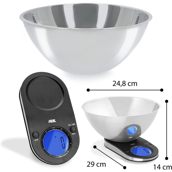 Цифрові кухонні ваги ADE з високоякісною чашею з нержавіючої сталі об'ємом 2 л / до 5 кг / великі цифри, легко читаються