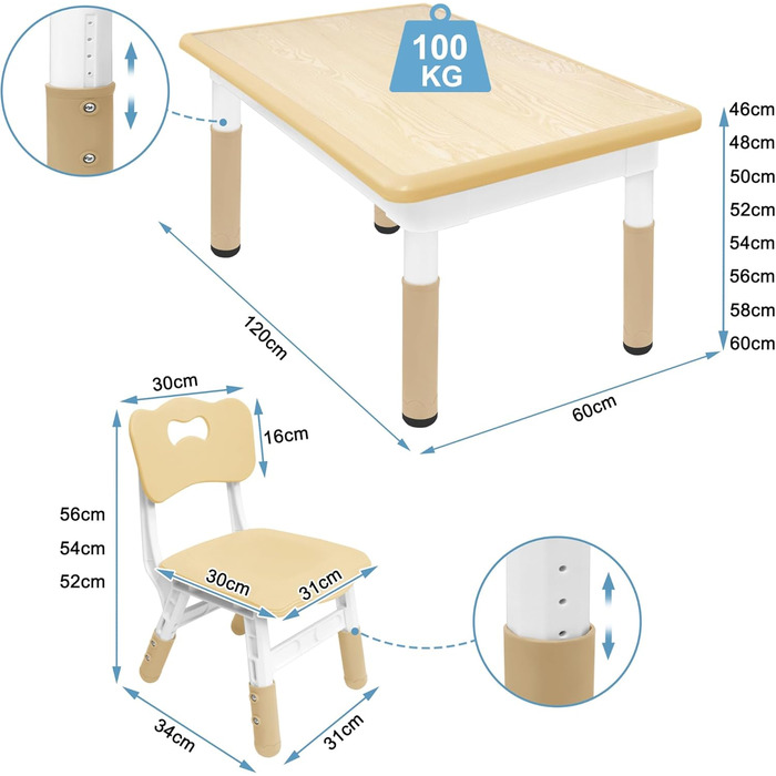 Дитячий стіл з 4 стільцями AufuN, регульована висота, набір для дитячої кімнати, садка, класів, легко миється, пластикові меблі, коричневий