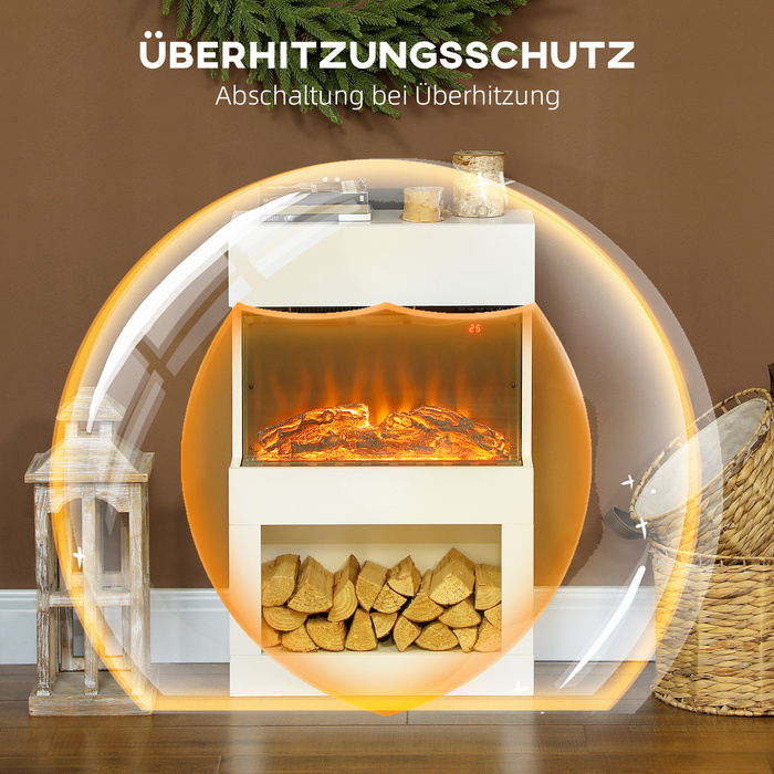 Електричний камін з двома рівнями нагріву, 6 кольорами полум'я, термостатом та дистанційним керуванням, білий