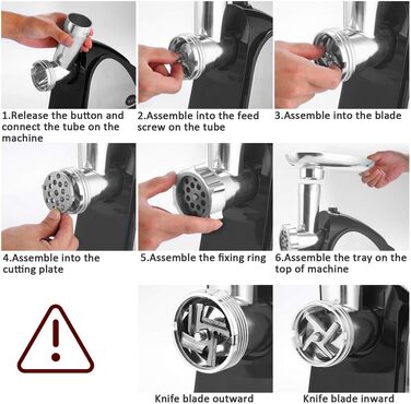 Електрична м'ясорубка з нержавіючої сталі з 3-ма дисками, ножем та насадкою для кубиків, ETL-сертифікат, 2000 Вт, чорний