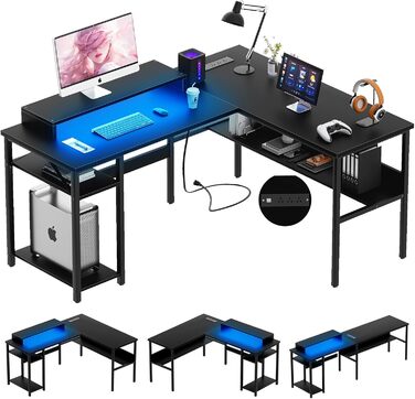 Unikito Кутовий стіл-трансформер L-подібної форми з розетками та LED-підсвічуванням, стіл для комп'ютера з полицями для зберігання, ігровий стіл, чорний