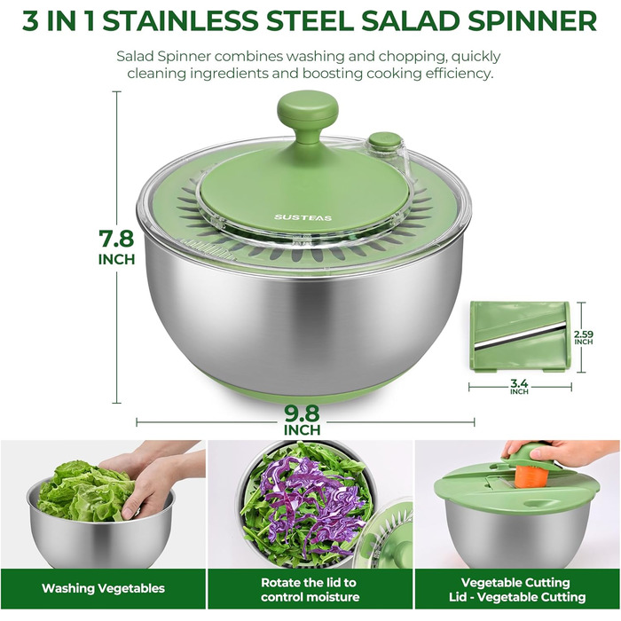 Салатниця-центрифуга з нержавіючої сталі SUSTEAS з 5 лезами, велика миска для миття овочів та фруктів, сушка для салату та зелені