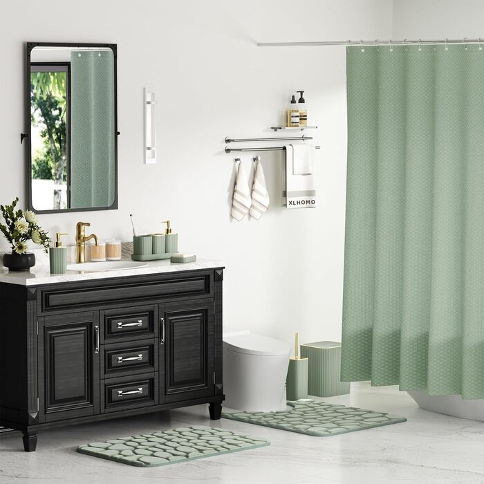 Набір аксесуарів для ванної кімнати, 25 предметів, салатовий, з душовою завісою та килимками