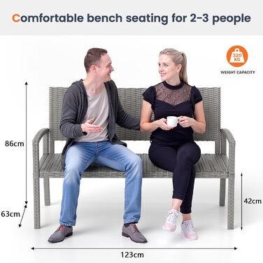Садова лавка з поліротангу UDPATIO для тераси, балкону та саду (123x63x86 см, сіра). Міцна (до 320 кг) з спинкою та підлокітниками