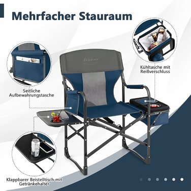 Кемпінгове крісло COSTWAY з приставним столиком, сумка-холодильник і сумка для зберігання, складне рибальське крісло, вантажопідйомність 180 кг, режисерське крісло портативне, розкладне крісло Складаний стілець для кемпінгу, риболовлі, пікніка (синій)