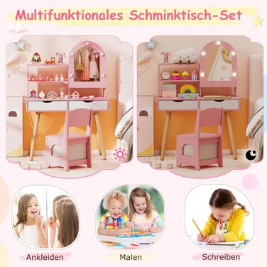 Детський туалетний столик COSTWAY 2-в-1 зі стільчиком та дзеркалом, з LED-підсвіткою, 2 шухляди, для дівчаток 3-7 років (Рожевий)