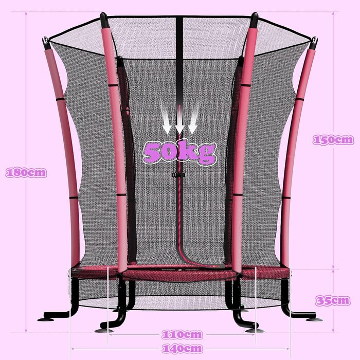 Батут дитячий JUMMICO з захисною сіткою Ø145 см, до 50 кг, рожевий - для дому та вулиці, від 3 років
