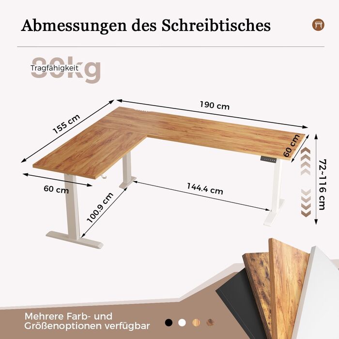 Електричний кутовий стіл Klicelor з регулюванням висоти, L-подібний стіл для стоячи роботи з 3 функціями пам'яті та антиколізійною технологією, ергономічний комп'ютерний стіл, білий (190 x 155 см, світло-коричневий)