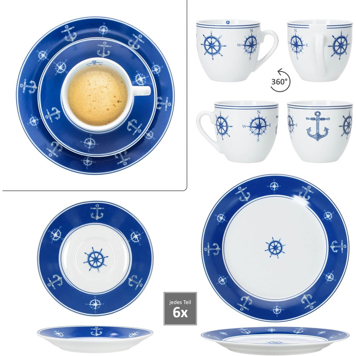 MamboCat AHOI кавовий сервіс 18 предметів (6 осіб) блакитно-білий порцелан з морськими мотивами (якір) | 6 чашок 200 мл, 6 тарілок, 6 підставок