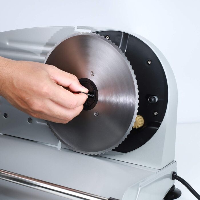 Електричний слайсер 200W з нержавіючої сталі - кухонна машина з регулюванням 0-15мм, 2 леза - для ковбаси, хліба, шинки, м'яса та сиру (кругла пилка)