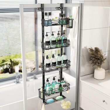 Підвісна полиця для душу HapiRm, регульована, 5 кошики, без свердління, з мильницею і гачками, для скляних та ванних дверей, чорна