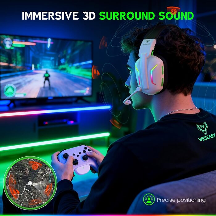 WG1 Bluetooth ігрова гарнітура з мікрофоном, бездротова, 2.4G, для PS5, PS4, PC, Switch, Mac, з LED підсвічуванням, шумозаглушення, 50 годин роботи, Satinweiß (Upgrade-Xbox, Quantum White)