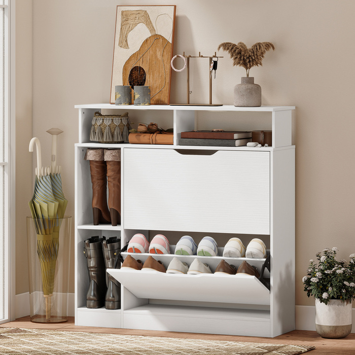 Шафа для взуття з 2 дверцятами та похилим механізмом, з регульованою перегородкою та відкритою полицею на 12 пар взуття, 89 x 25 x 92 см, біла