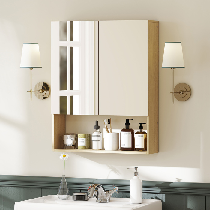 Шафа для ванної кімнати з дзеркальними дверцятами, відкрита полиця, монтаж на стіну, виготовлена з МДФ та ДСП, колір 