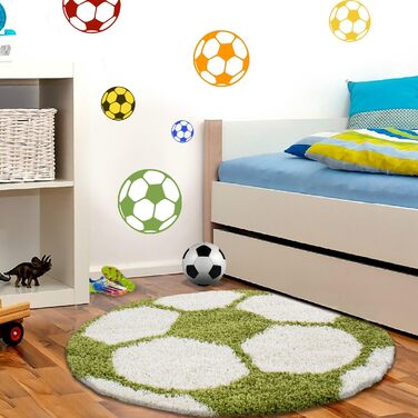 Дитячий килим з високим ворсом, футбольні м'ячі, круглий килим, Килимки для дитячої кімнати, ігрової кімнати, розмір колір синьо-білий (100 см круглої форми, зелений)