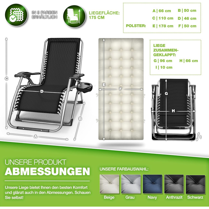 Розкладний шезлонг Tillvex® для саду та відпочинку на вулиці | Максимальне навантаження 200 кг, регульована спинка, товсте положення, подушка для шиї | Для балкона, саду та тераси | Бежевий колір