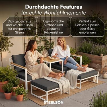 Садовий набір меблів STEELSØN Asteri 5 предметів: 2 крісла, 2 пуфи, стіл - білий, з подушками, для тераси та балкона, металевий каркас, стійкий до погодних умов