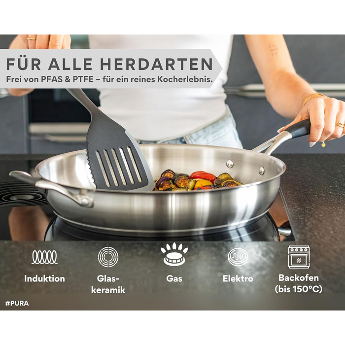 Набір сковорідок нержавіючої сталі Edelstein PURA 20, 24, 28 см + 32 см – для індукції та всіх плит, без PTFE/PFOA, для смаження з ароматом