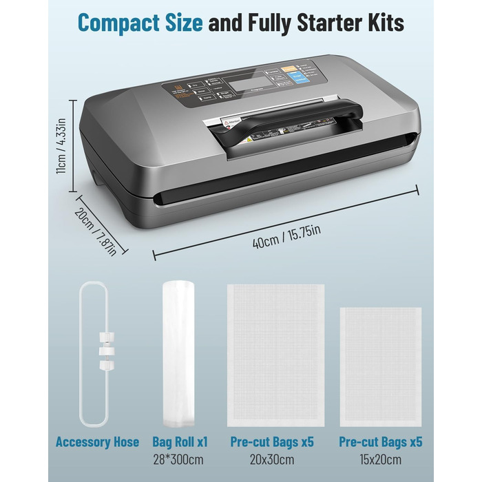 Професійний вакууматор для продуктів 12-в-1, 95кПа, з функцією безперервного вакуумування та подвійним швом, сріблястий (комплект: 1 рулон та 10 пакетів)