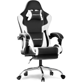 Ігровий крісло Dowinx з підніжкою та масажем попереку. Ергономічне, комфортне, з підголовником. Ідеально для офісу, дому, стрімінгу та тривалих ігрових сесій, біле.