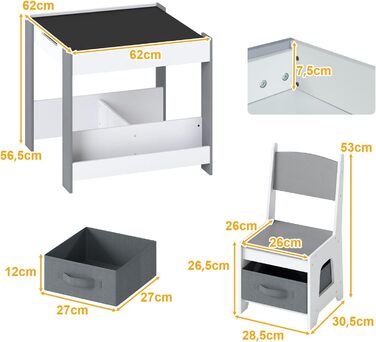Дитячий стіл LIFEZEAL 3 в 1 з 2 стільцями: стіл для малювання, активностей та обідній стіл. Дерев'яна дитяча група з місцем для зберігання (світло-сірий)