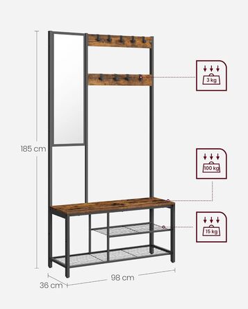 Стійка для одягу VASAGLE з дзеркалом та банкеткою, 35 x 98 x 180 см, для передпокою, спальні, вітальні, індустріальний дизайн, вінтажний колір, HSR415B01