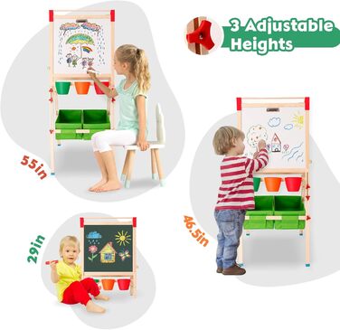Дерев'яний мольберт Kinder для дітей з паперовою рулонкою, двостороннє Whiteboard та дошка. Регульована висота. З аксесуарами для малювання та навчання. Ідеальний подарунок для малюків.