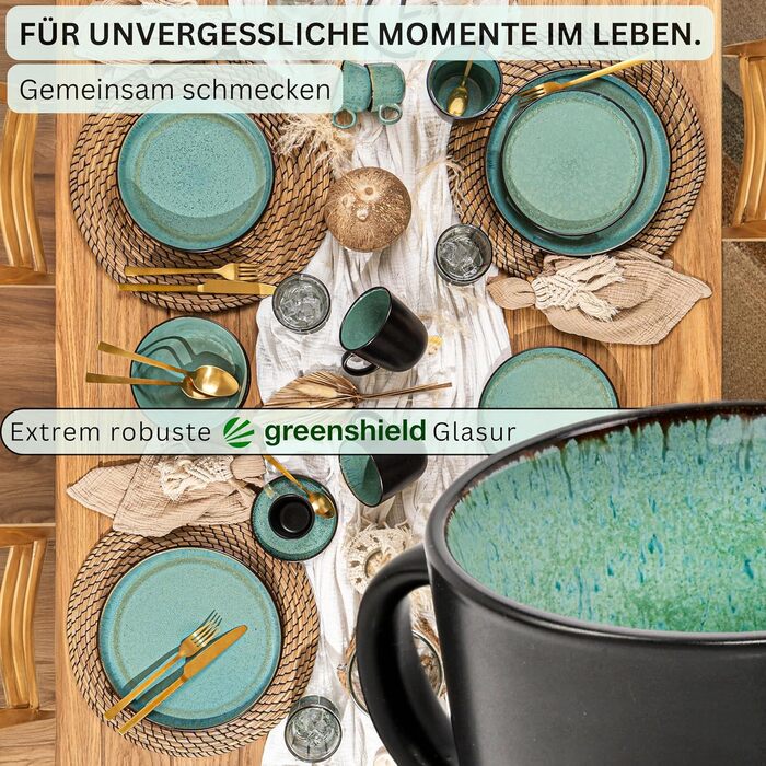 Набір кавових чашок Sänger Fiji на 6 осіб (430 мл), 6 шт., кераміка, темно-зелений, для кави та чаю, миючі в посудомийній машині, для мікрохвильової печі