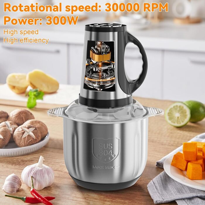 Електричний подрібнювач для кухні з 3L скляною та 3L нержавіючою чашею, 300W, 2-лезові сталеві ножі, 3 швидкості, придатний для миття в посудомийній машині, для фруктів, овочів, м'яса