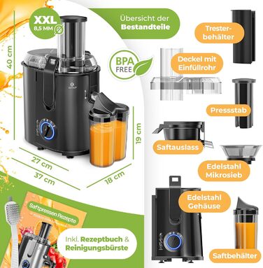 KESSER® Електрична центрифужна соковитискачка для фруктів та овочів з нержавіючої сталі, 1100W, велика завантажувальна воронка, 3 швидкості, сірий/сріблястий (чорний)