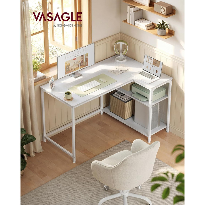 Кутовий стіл VASAGLE L-подібної форми з полицею, для офісу вдома, 110 x 80 см, колір: Акорн-білий