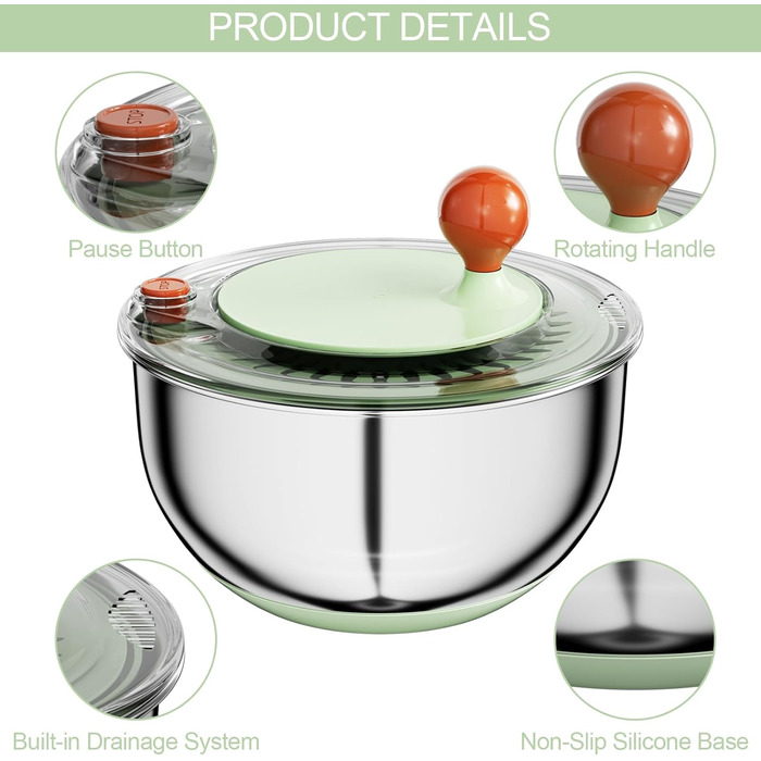 Швидка салатниця-швидкообертач з нержавіючої сталі з кришкою, для миття та сушіння овочів та фруктів