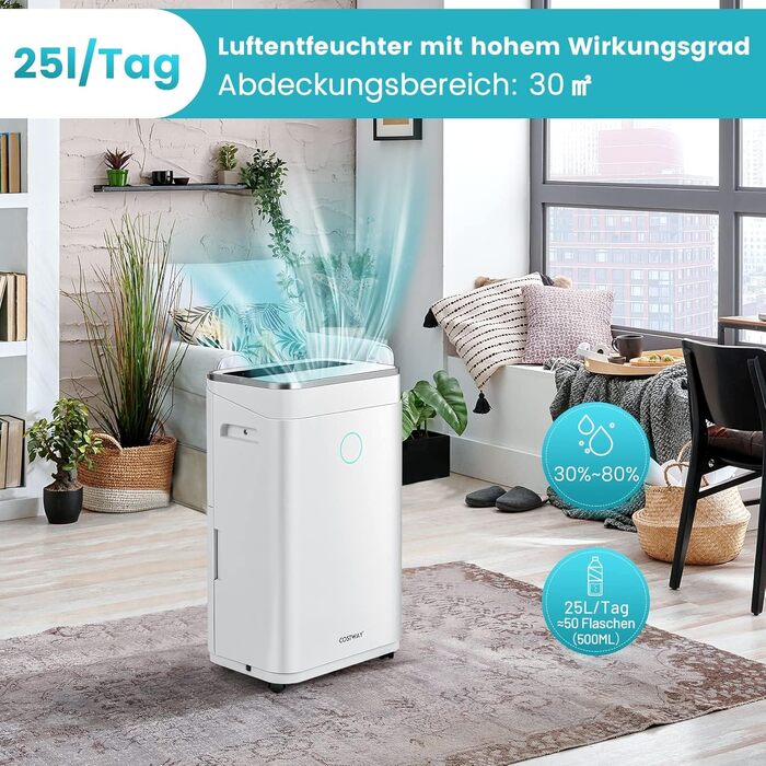 Електричний осушувач повітря COSTWAY 25L з 3 режимами, для приміщень до 30 м², об'єм бака 6,5 л, таймер 24 год, 2 швидкості, тихий режим (≤ 42 dB)