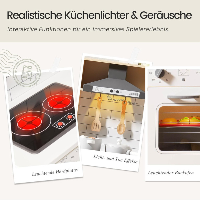 Дерев'яна дитяча кухня Tiny Land з аксесуарами: 18 предметів посуду та їжі. Іграшковий кухонний набір для дітей з підсвіткою та звуками.