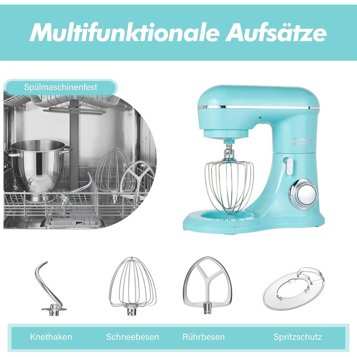 Кухонний комбайн Kitchen in the Box: 6 л, блакитний, з місткістю 3.5 л, 10 швидкостей, міксер, насадки для тіста та збивання