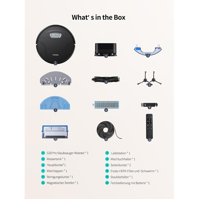 Робот-пилосос HONITURE G20 Pro з функцією миття, 4500Pa, керування через додаток, 180 хв роботи, для тварин, килимів та твердих підлог, чорний