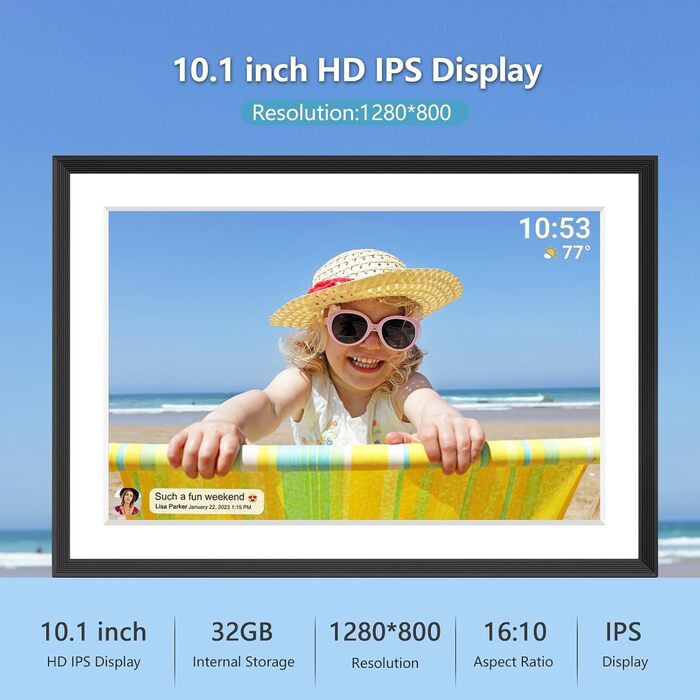 Цифровий фоторамка Frameo з Wi-Fi, 10.1 дюйма, 32GB, сенсорний екран, авто-обертання, підтримка Frameo App